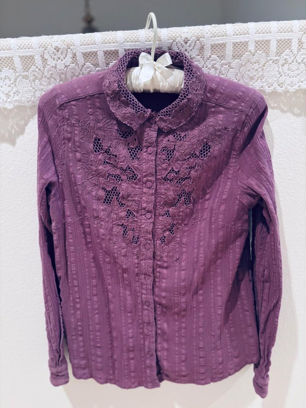 Free People Purple Embroidered Lace Button Front Boho Blouse Size S